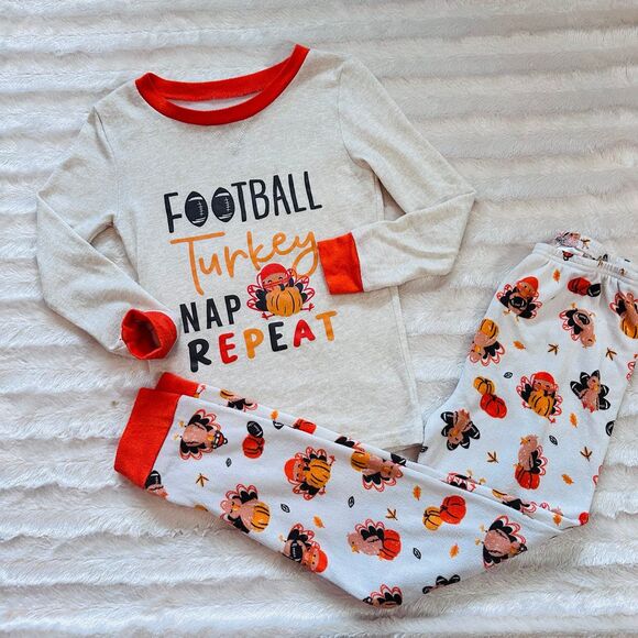 Boy’s PJ Essentials Thanksgiving/Turkey/Football LS Pajama Set Size 7 - Picture 1 of 6